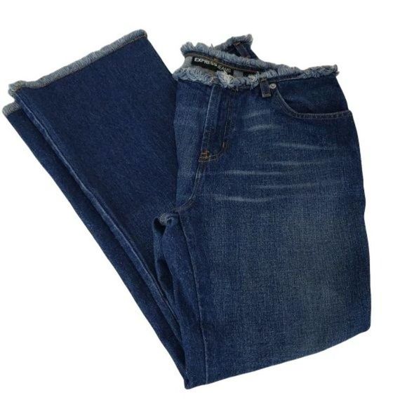 Express Jeans Women's Flare‎ Short Distressed Blue Jeans Size  9/10 - Picture 2 of 16